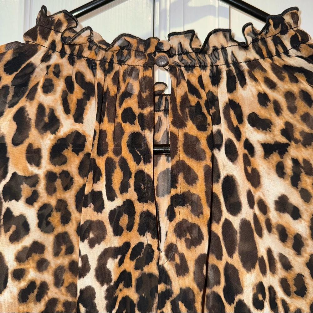Express mock neck sheer leopard print short sleeve blouse top brown black S - Picture 12 of 16